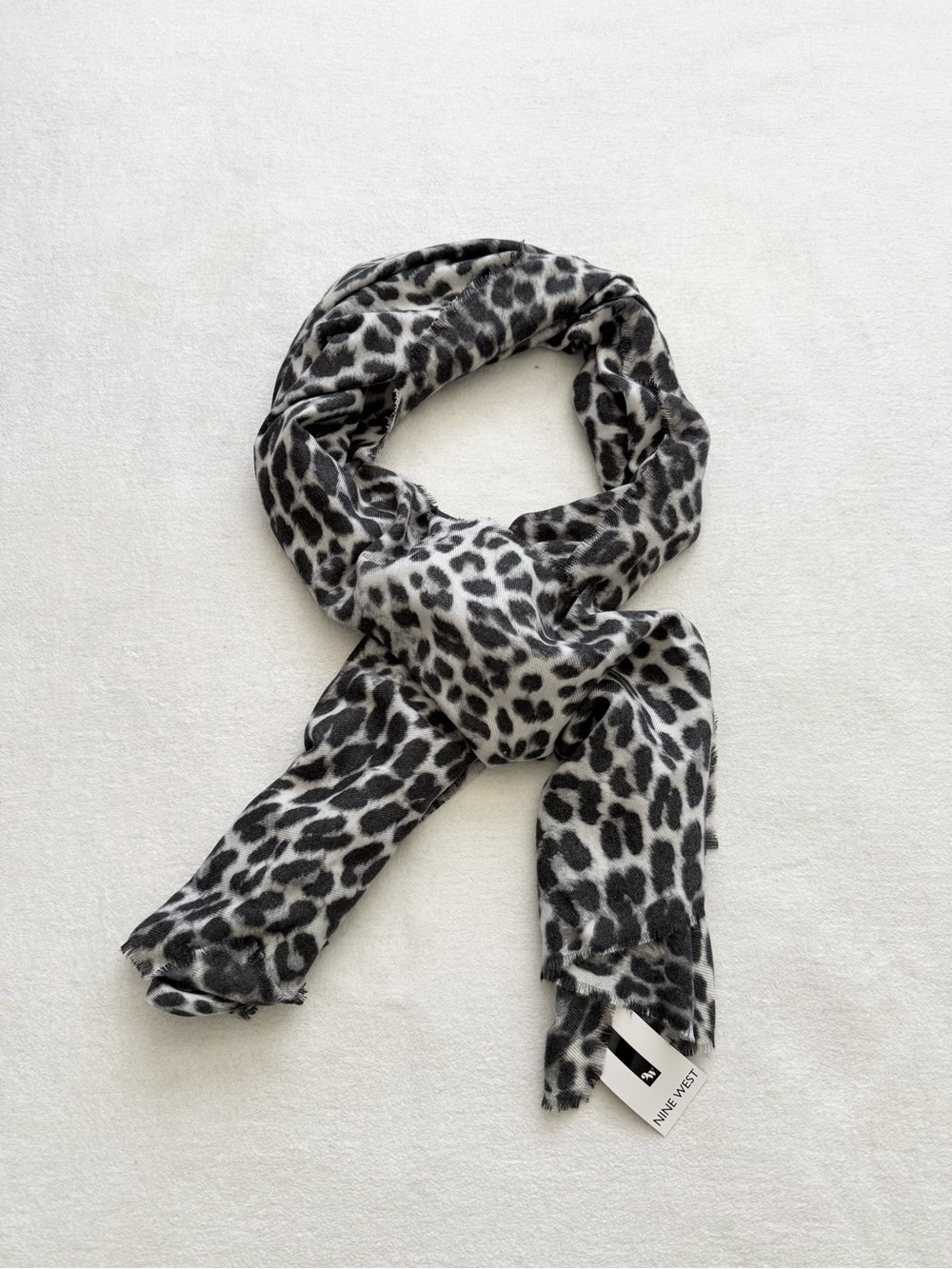 Nine West Leopard Print Scarf Black White Fringe NWT